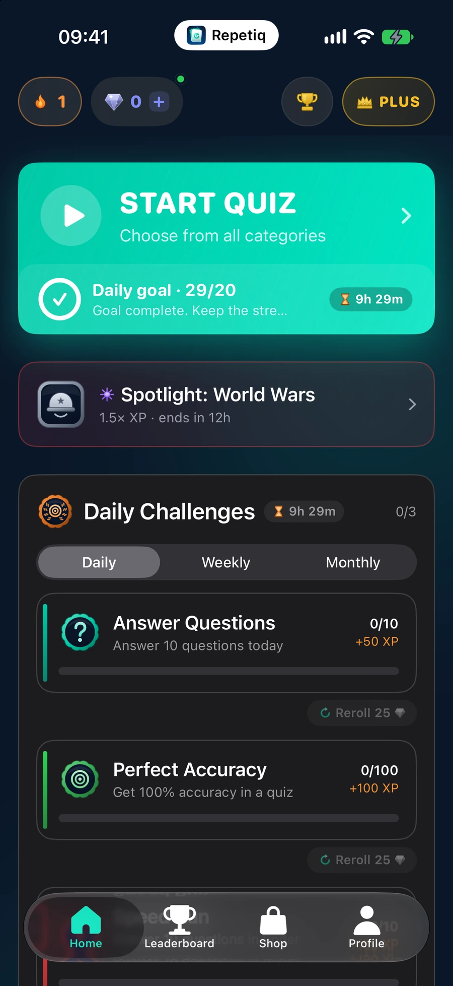 The Repetiq home screen, with a large Start Quiz button and the day's goal already met.