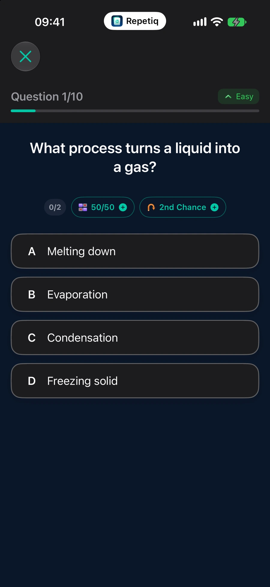 A multiple choice question in Repetiq, question one of ten, with four lettered options and nothing chosen yet.