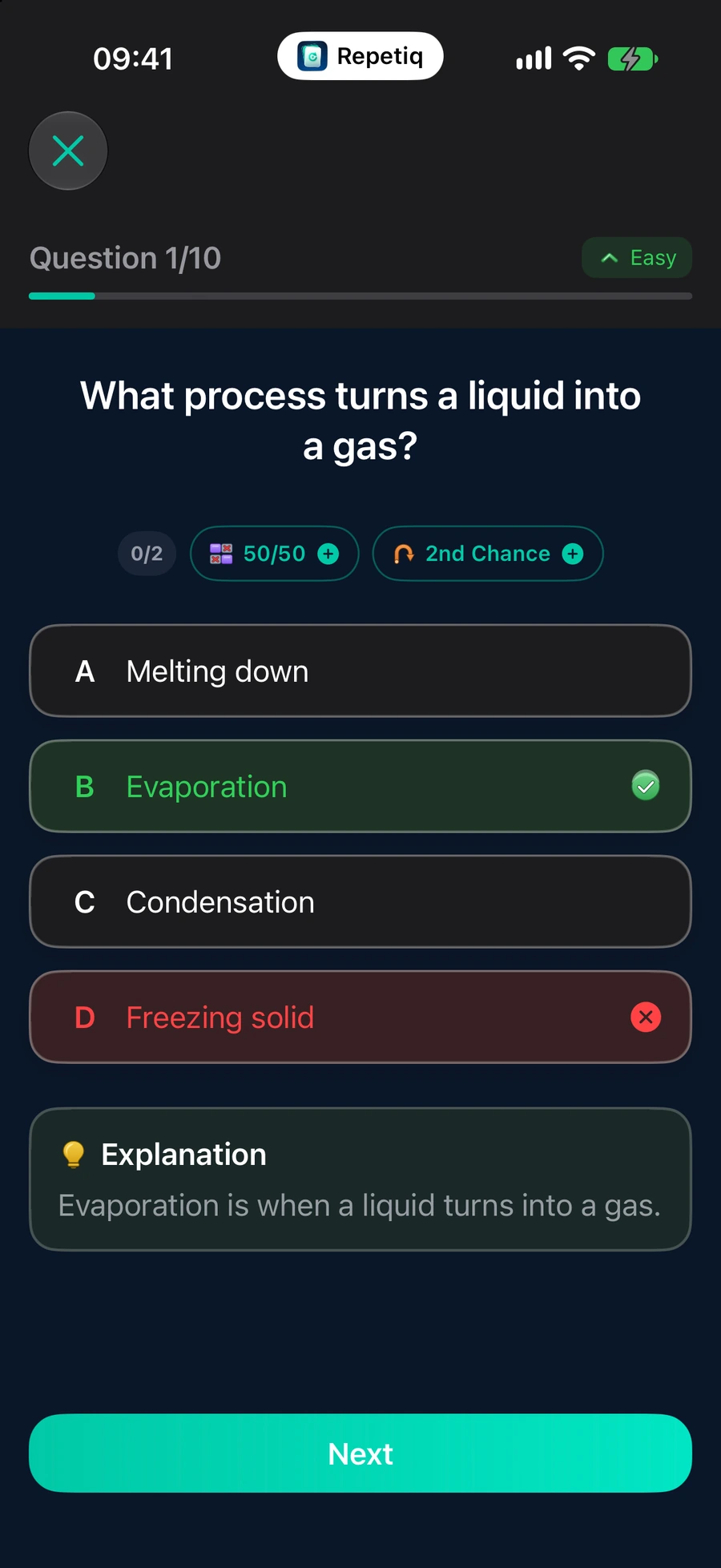 The same question after answering: the chosen option is marked wrong in red, the correct one in green, with a short explanation underneath.