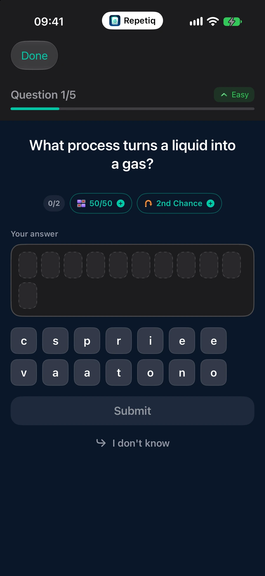 The same question returning as a review, with the multiple choice options replaced by scrambled letter tiles to assemble the answer from.