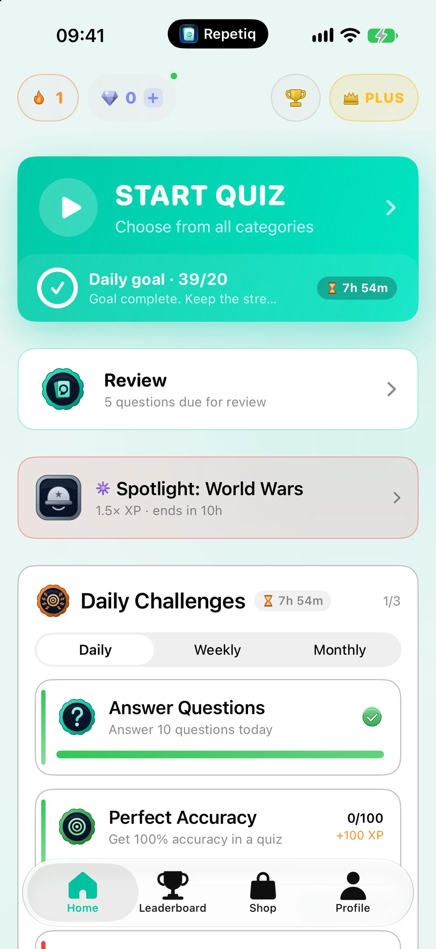 The Repetiq home screen, with a large Start Quiz button and the day's goal already met.