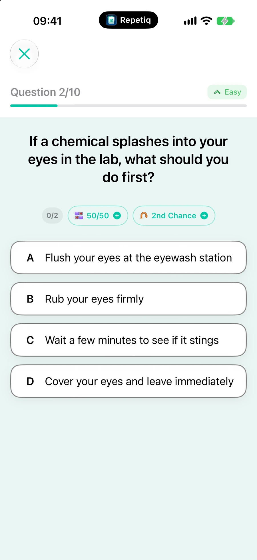 A multiple choice question in Repetiq, question one of ten, with four lettered options and nothing chosen yet.