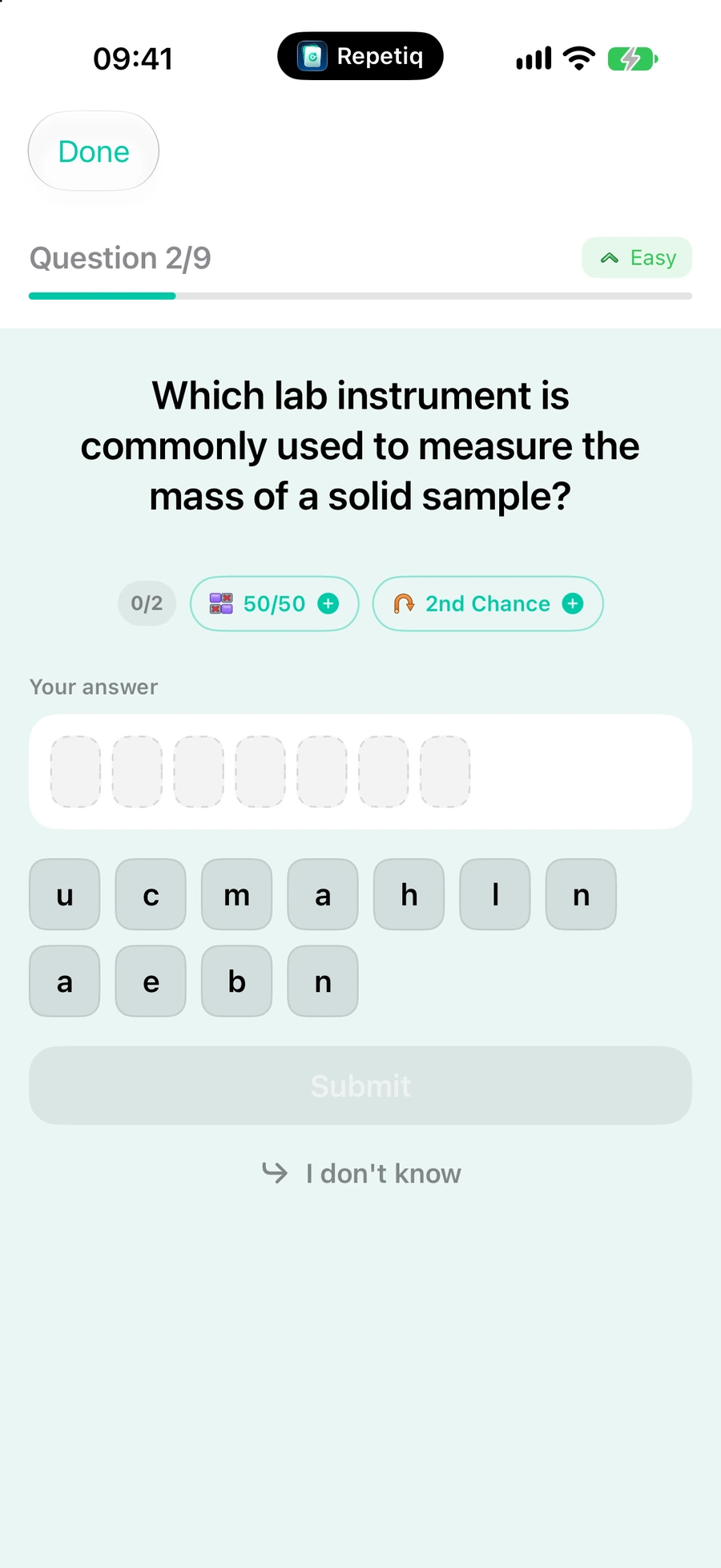 The same question returning as a review, with the multiple choice options replaced by scrambled letter tiles to assemble the answer from.
